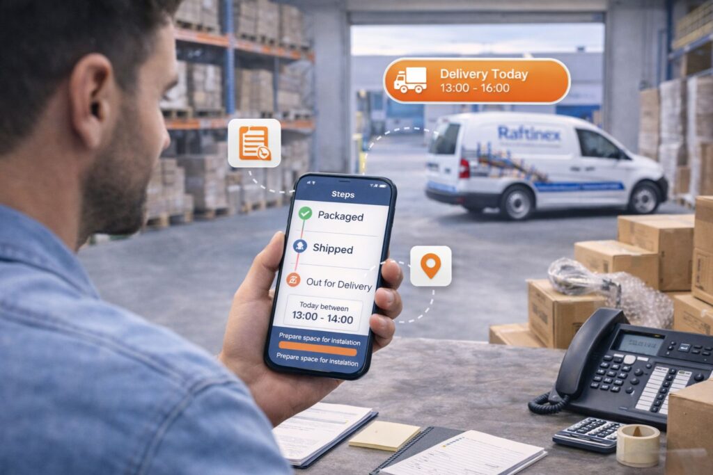 Klient duke gjurmuar porosinë e rafteve në telefon ndërsa furgoni i transportit Raftinex përgatitet për dorëzim në magazinë.