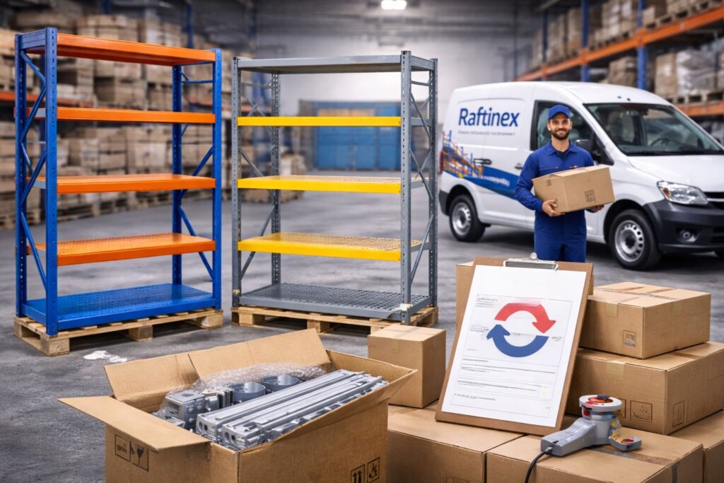 Proces shkëmbimi produktesh në magazinën Raftinex me rafte metalike dhe paketime për transport.