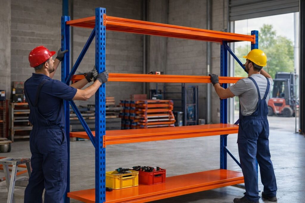 Ekipi i Raftinex gjatë montimit të rafteve metalike industriale në ambient magazine.