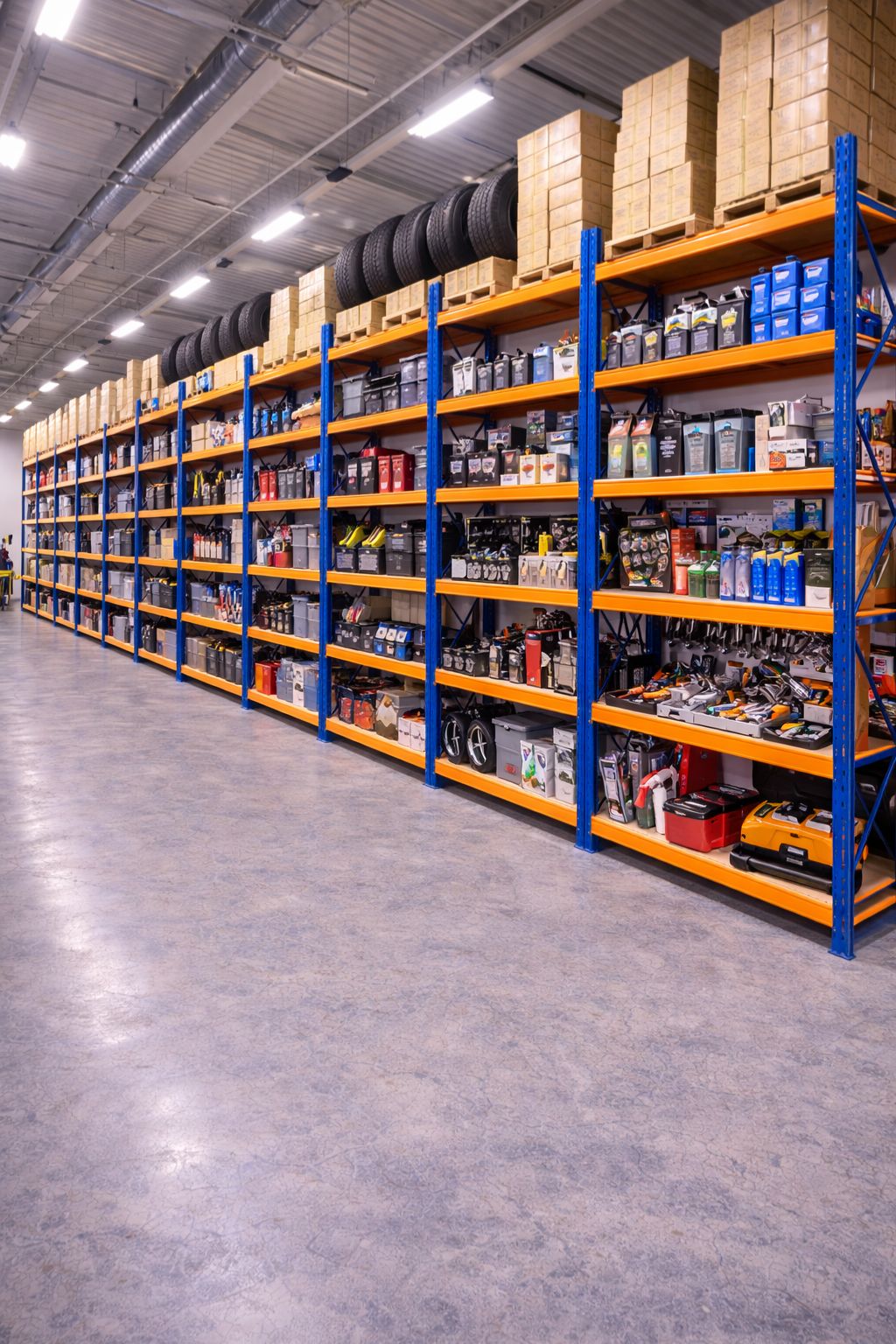 Sistem rafte industriale të bardha për organizim magazinash në Lushnje.