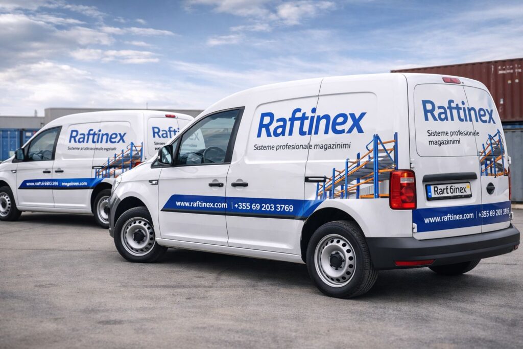 Furgonë transporti Raftinex të branduar për shpërndarje të shpejtë dhe të sigurt të rafteve në të gjithë Shqipërinë.