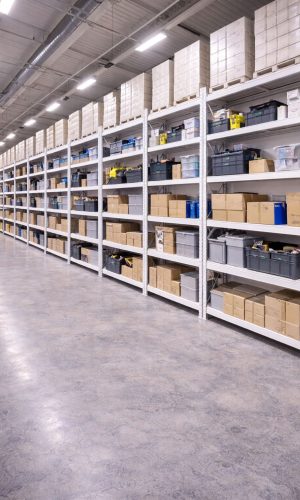 Sistem rafte industriale të bardha për organizim magazinash në Korce.